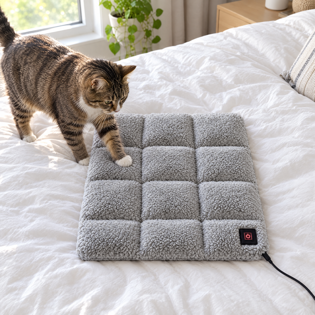 Cat stepping onto the Merry Meow heated pad