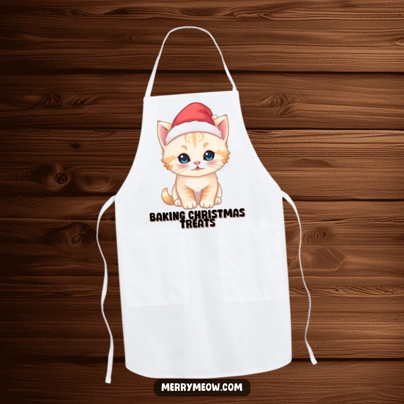 Funny kawaii kitten apron, wearing a tiny Santa hat, perfect for adding a festive and adorable touch to holiday cooking.
