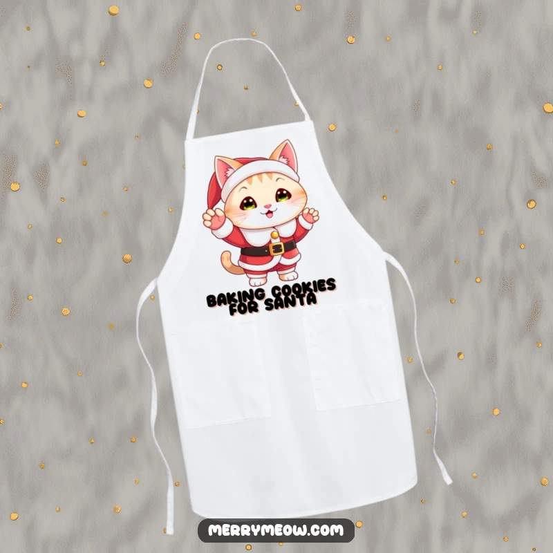 Funny kitchen apron with a cat character in a Santa suit, waving a cheerful holiday greeting while cooking.