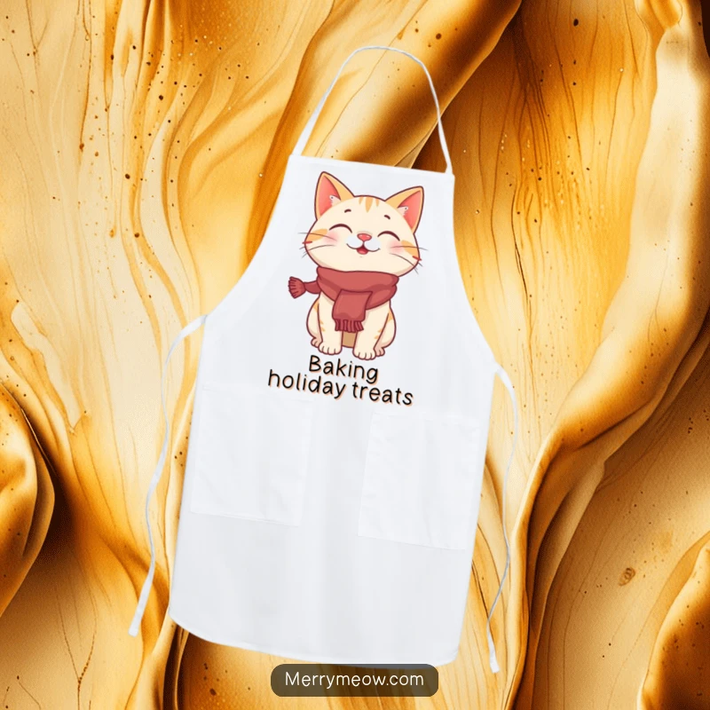 Funny apron graphic of a giggling cat character wearing a festive scarf, ideal for holiday baking and kitchen humor.