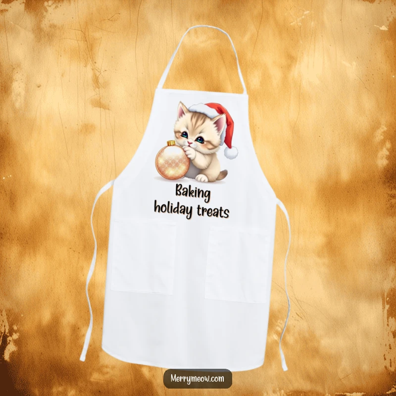 Funny Kitten Santa Hat Apron: Festive apron showing a fluffy kitten in a Santa hat playfully batting at a shimmering ornament, for kitchen fun.