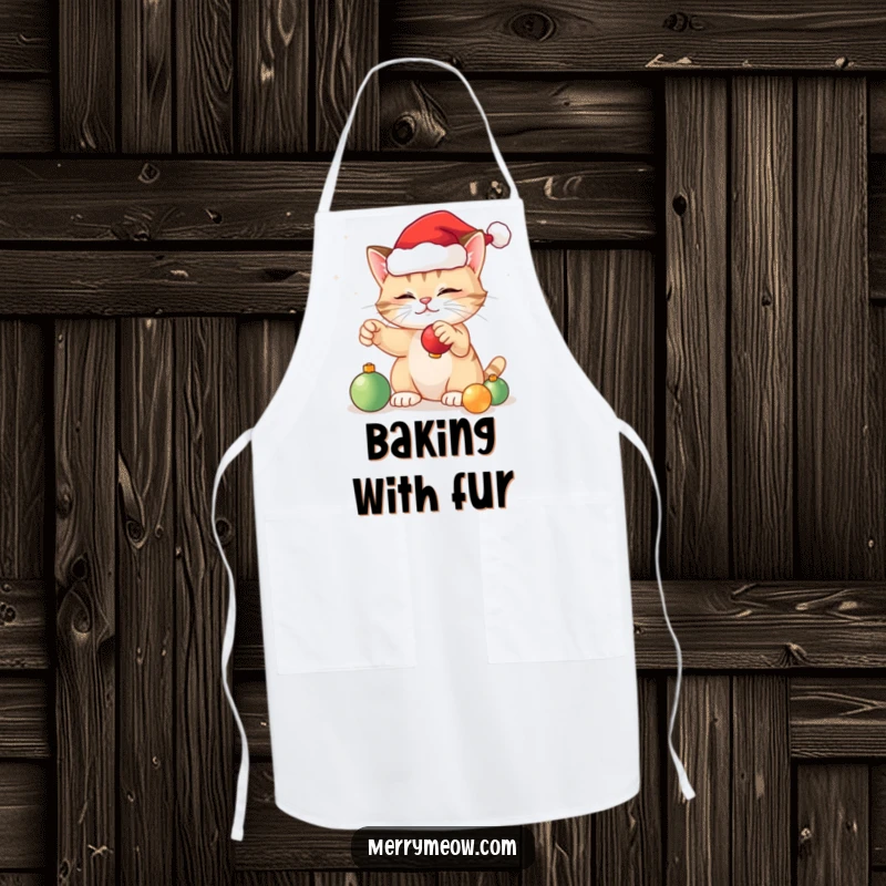 Funny festive cat apron showing a cat wearing a Santa hat, playfully batting at Christmas tree ornaments, perfect for holiday cooking.