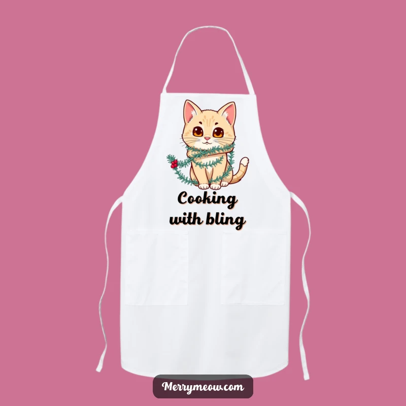Funny Tinsel Cat Apron: Hilarious Kitchen Wear for Festive Feline Fans