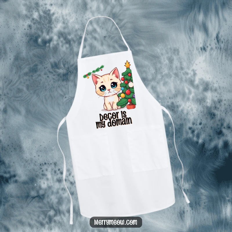 Funny apron featuring a cat character with huge, captivated eyes looking up at a decorated Christmas tree, bringing holiday cheer to the kitchen.