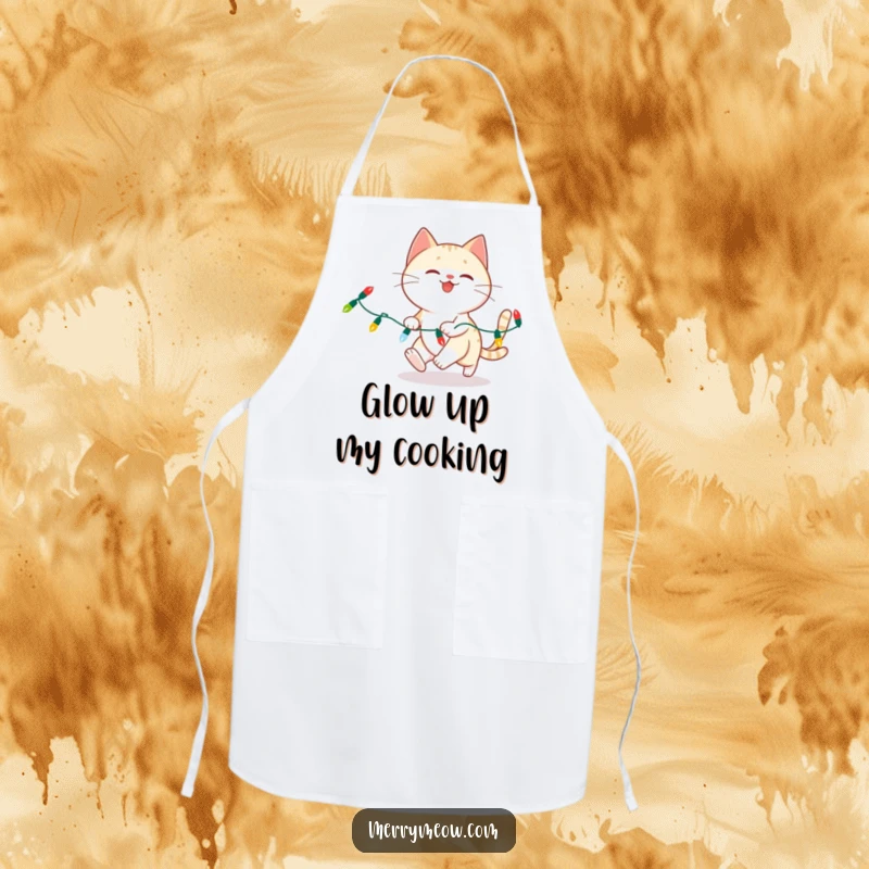 Funny cat entangled with Christmas lights on a kitchen apron, perfect for holiday cooking fun.