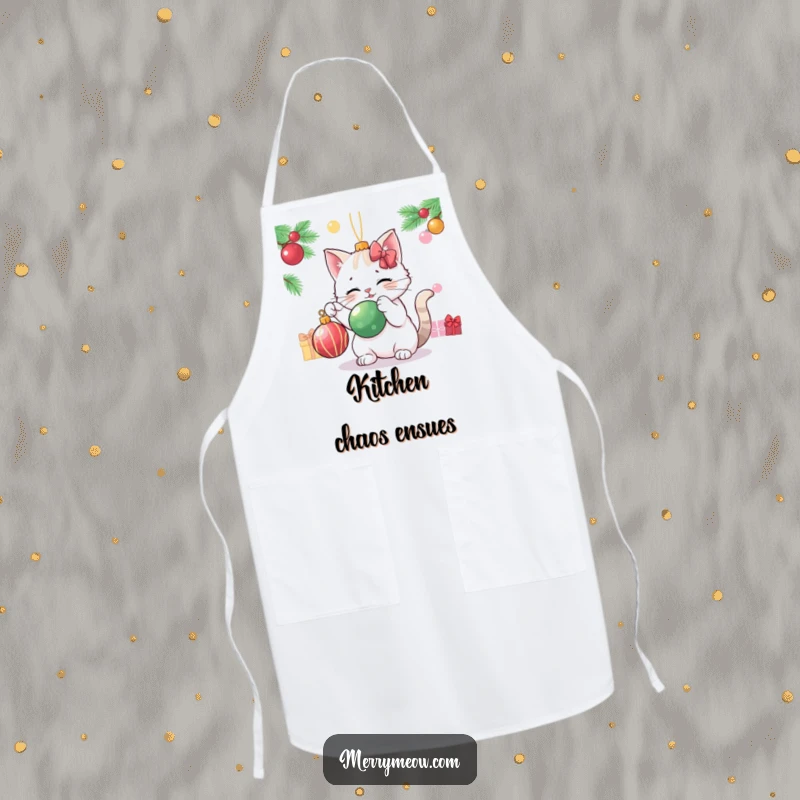 Funny cat playfully batting a Christmas ornament, humorously printed on a functional and festive apron.