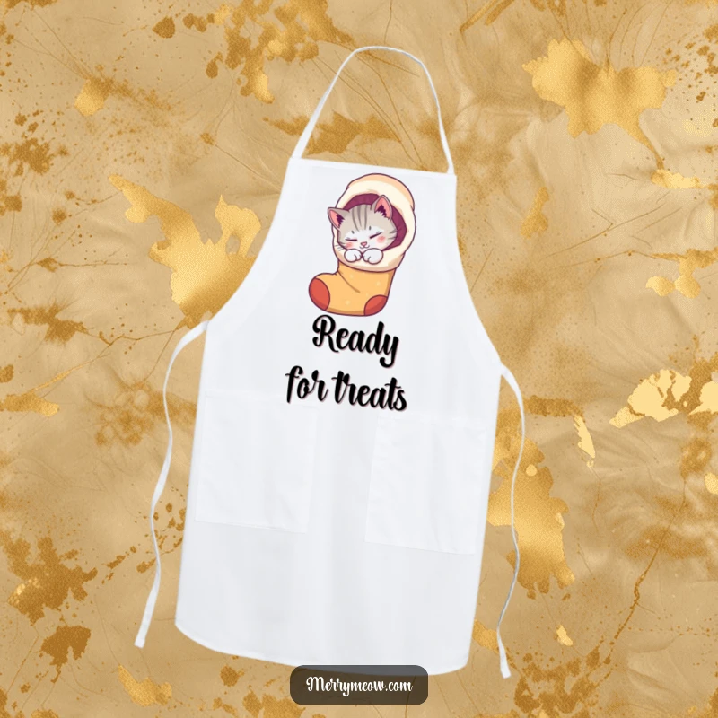 Funny apron with a purring cat curled up inside a whimsical stocking, perfect for holiday baking with feline charm.