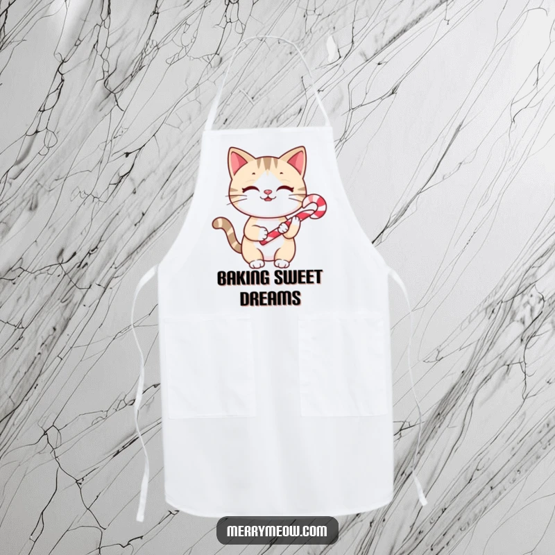 Funny Apron: A cheerful cat holding a candy cane, designed to bring holiday smiles to the kitchen.