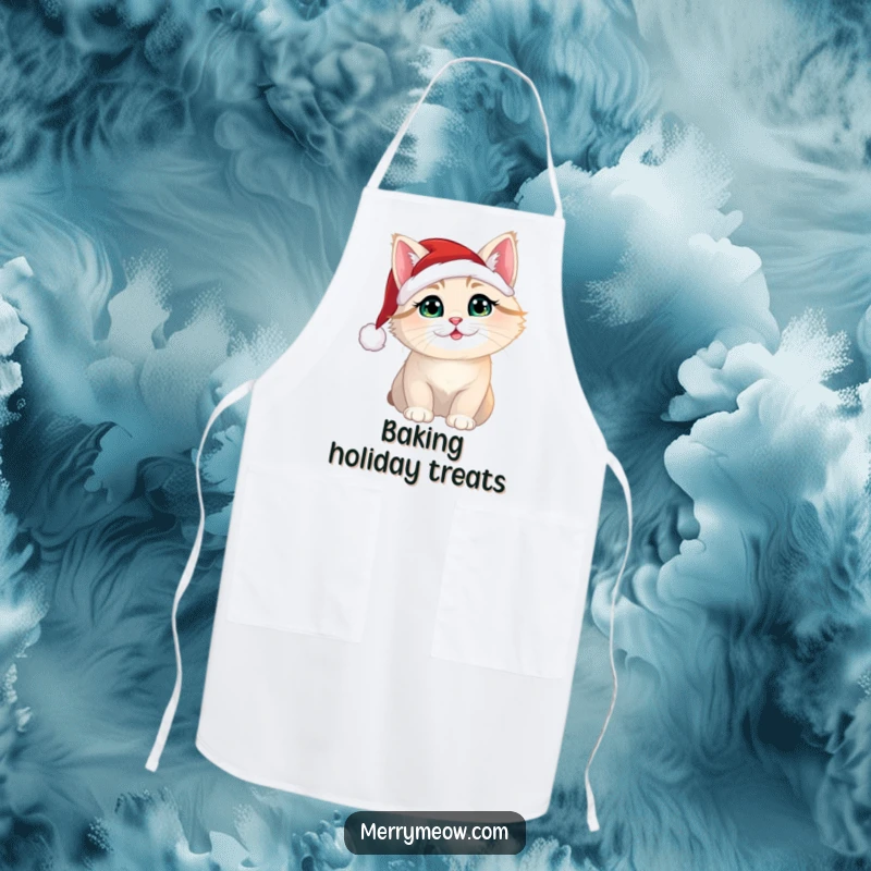 Funny Christmas cat in a Santa hat, printed on a practical apron for festive culinary fun.