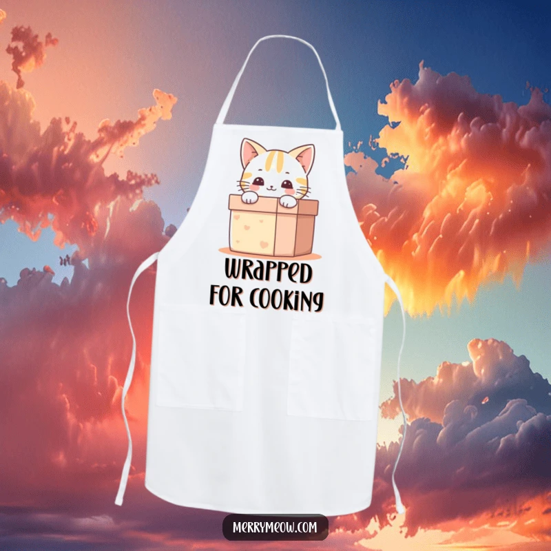 Funny Apron: A happy cat peeks from a gift box, designed to bring smiles to the kitchen.