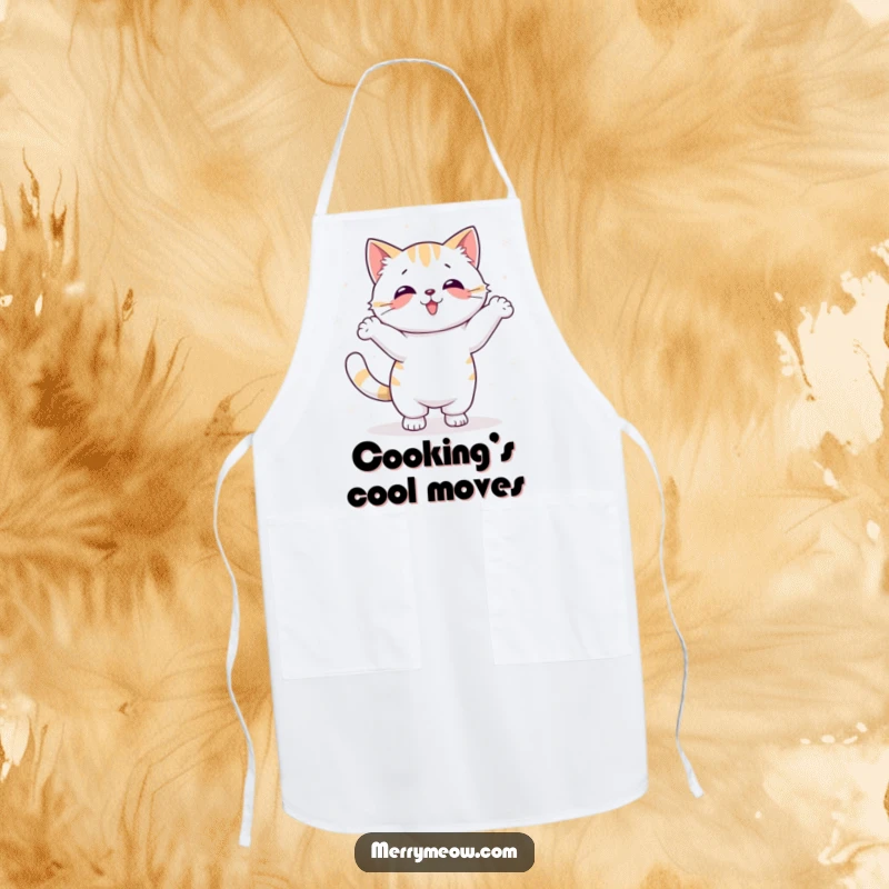 Funny Kawaii Cat Apron featuring a cute cat performing a silly dance with snowflakes, suitable for cooking.