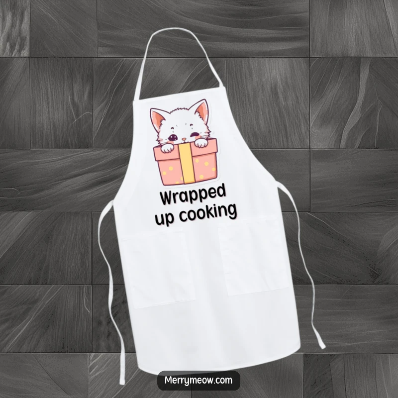 Funny apron showing a cute kitten peeking from a gift box, adding a touch of playful surprise to the kitchen.
