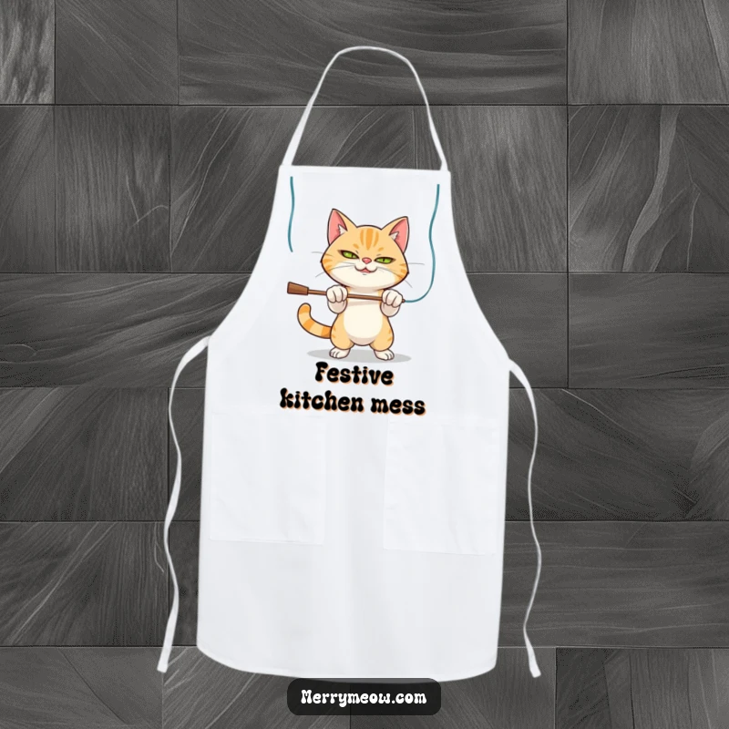 Funny Apron: A mischievous cat batting at tinsel, designed to bring holiday smiles to the kitchen.