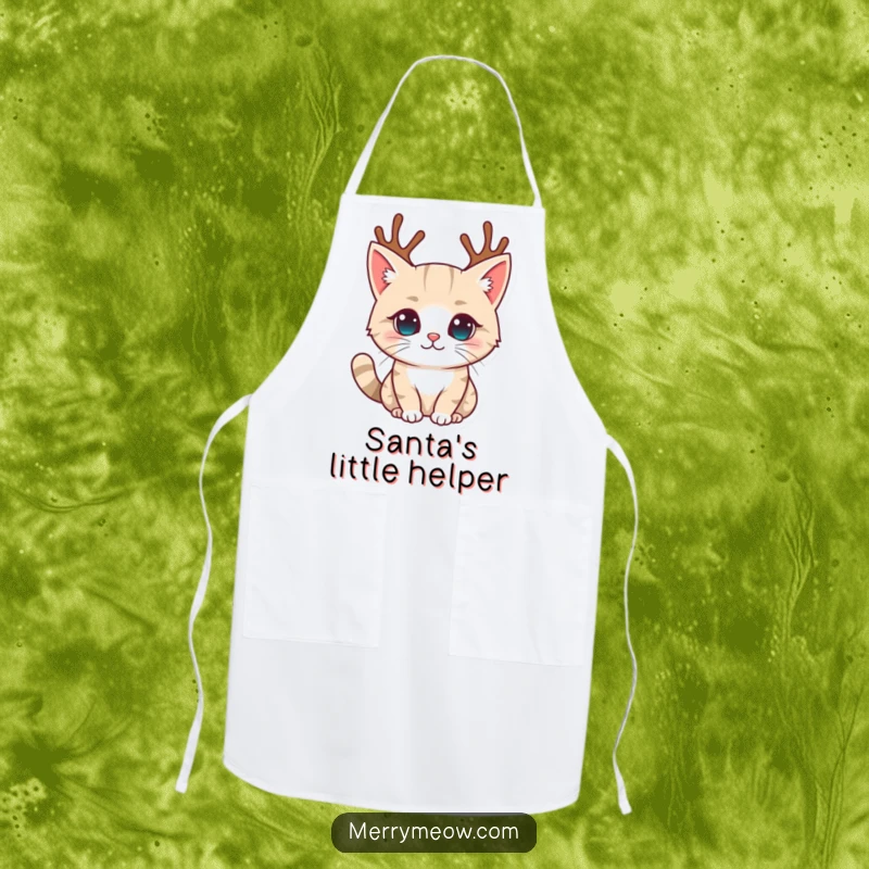 Funny apron featuring a cat character wearing adorable reindeer antlers, ready to spread holiday cheer in the kitchen with a playful spirit.