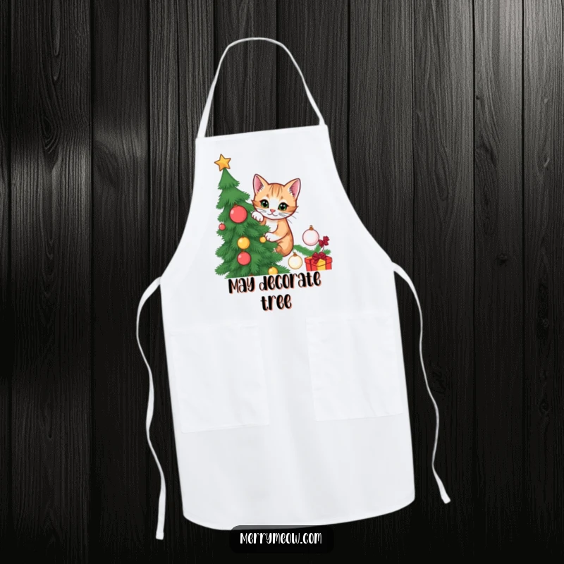 Funny apron with a mischievous cat climbing a Christmas tree, perfect for holiday baking and kitchen fun.