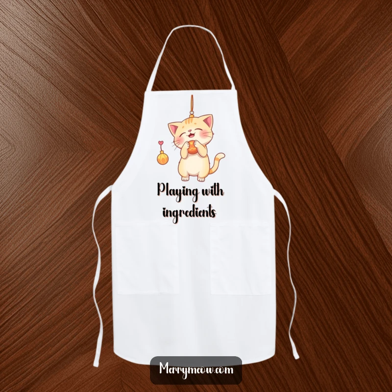 Funny apron design with a playful cat batting at a dangling holiday ornament, perfect for adding festive fun to cooking.