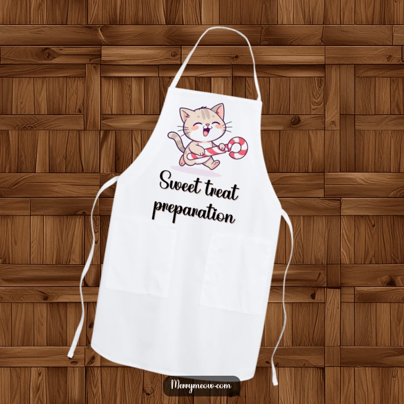 Funny cat character gleefully chasing a rolling candy cane, printed on a practical and amusing kitchen apron.