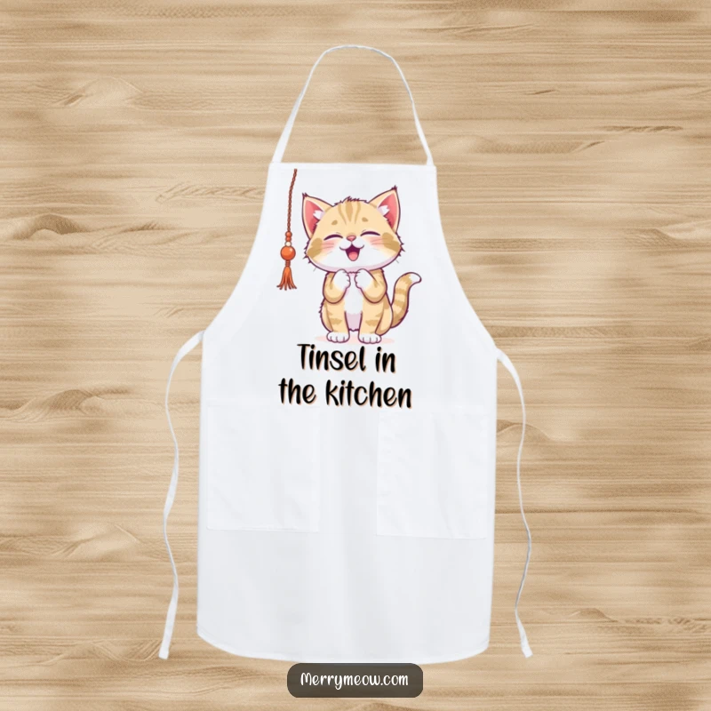 Funny kitten apron, gleefully batting at sparkly tinsel, perfect for adding a playful and festive touch to holiday cooking.