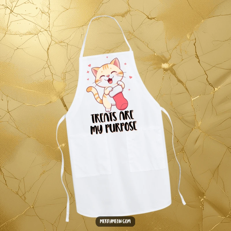 Funny apron featuring a cat character actively and joyfully swatting a dangling Christmas stocking, bringing playful holiday spirit to cooking.