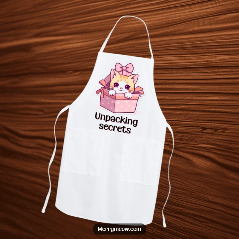 Funny cat peeking from a gift box on a kitchen apron, designed for humorous cooking.