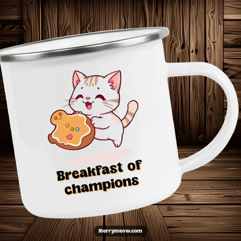 Funny Kawaii Cat Camping Mug depicting a cute cat pouncing on a gingerbread cookie, ideal for outdoor enjoyment.