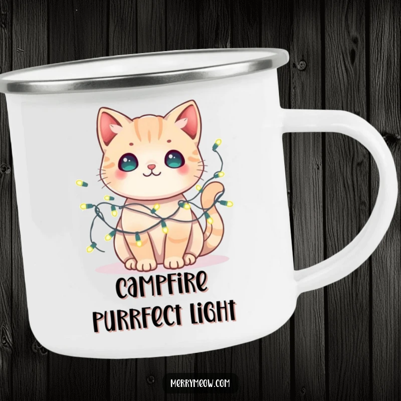Funny kawaii cat camping mug with tangled fairy lights, perfect for festive outdoor enjoyment.