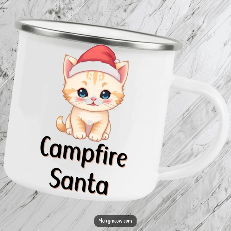 Funny kawaii kitten camping mug, wearing a tiny Santa hat, perfect for adding festive cheer to outdoor adventures and warm drinks.