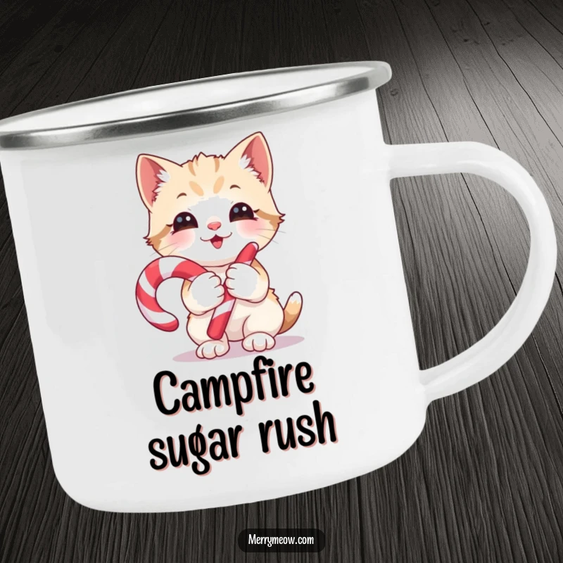 Funny Camping Mug: A gleeful kitten with a candy cane, bringing sweet holiday cheer to outdoor adventures, a funny gift.