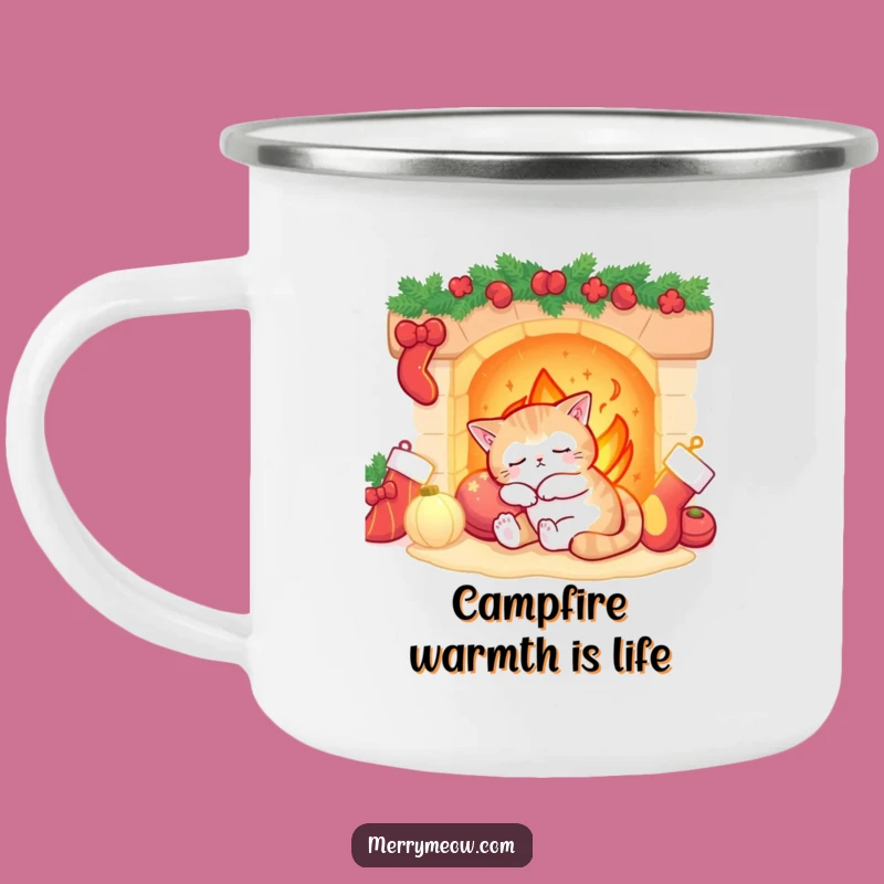 Funny Sleepy Cat Fireplace Camping Mug: Cozy Outdoor Comfort!