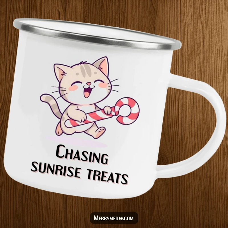 Funny cat character gleefully chasing a candy cane, designed for festive outdoor moments on a camping mug.