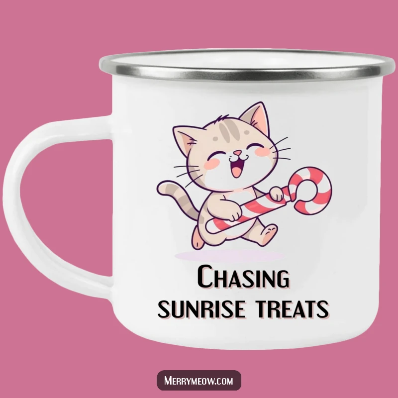 Funny Cat Candy Cane Camping Mug: Festive Outdoor Chase!