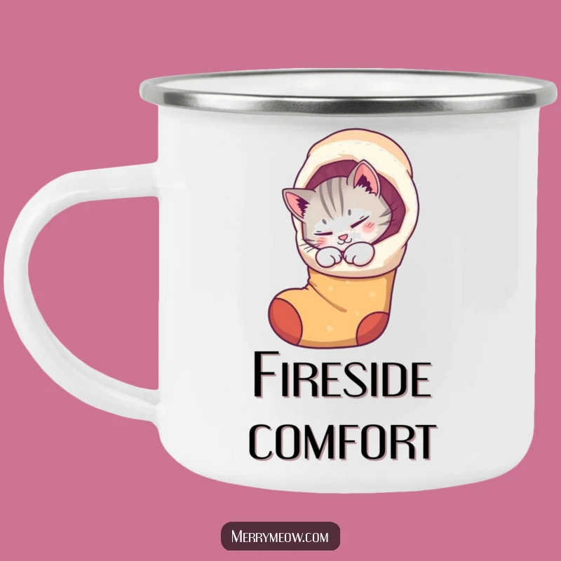 Funny Cat Stocking Camping Mug: Cozy drinks with a purring kitty, a perfect funny holiday gift.
