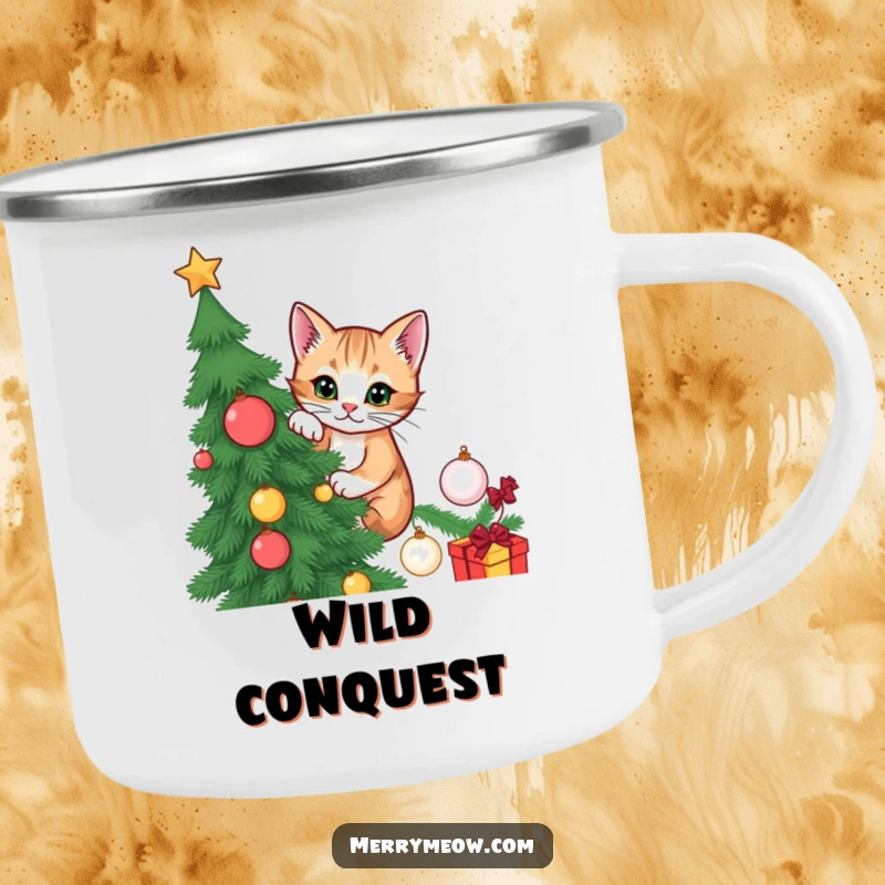 Funny camping mug with a mischievous cat climbing a Christmas tree, ideal for festive drinks and holiday outdoor activities.