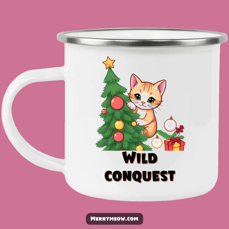 Funny Cat Christmas Tree Camping Mug: Festive drinks with a mischievous climber, a perfect funny gift.