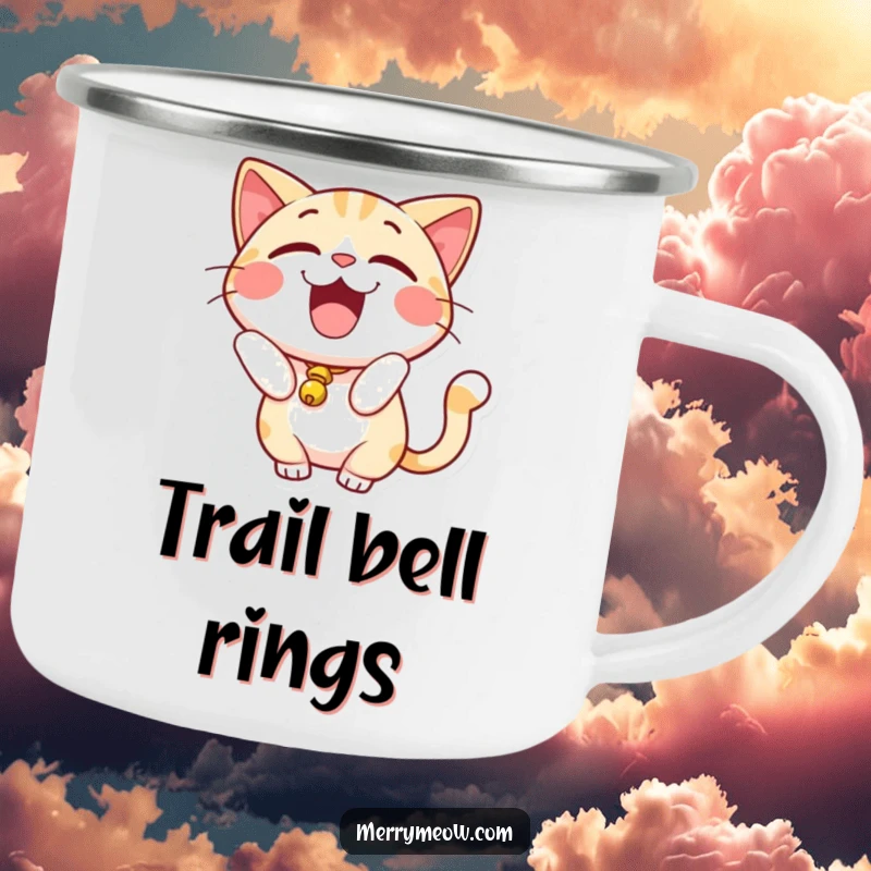 Funny Camping Mug: Excited cat with a bell on its tail, bringing smiles and playful sounds to outdoor adventures.