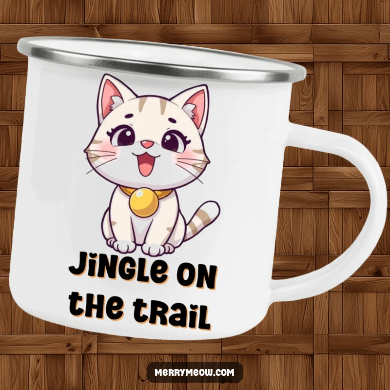 Funny camping mug showing an excited cat with a jingle bell collar, bringing feline joy to outdoor adventures.