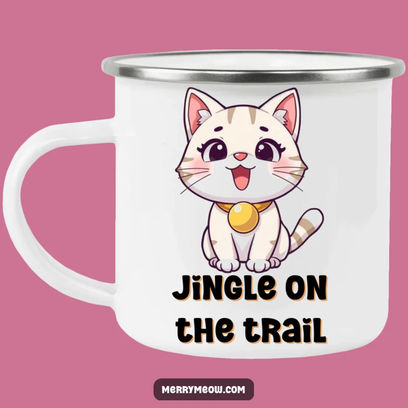 Funny Excited Cat Jingle Bell Camping Mug: Adventure with Feline Joy