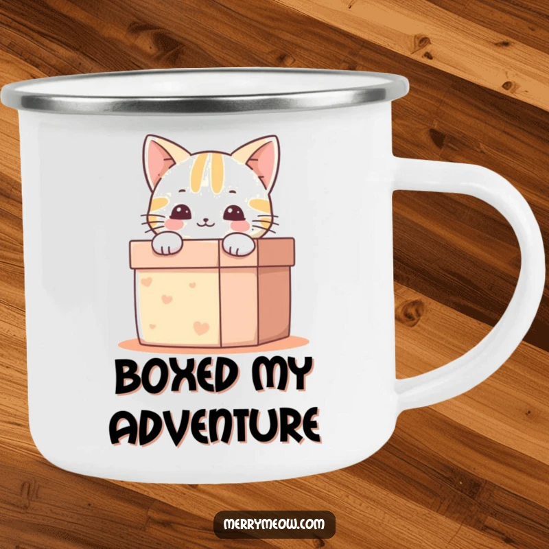 Funny Camping Mug: Happy cat peeking from a gift box, bringing smiles to any outdoor adventure.