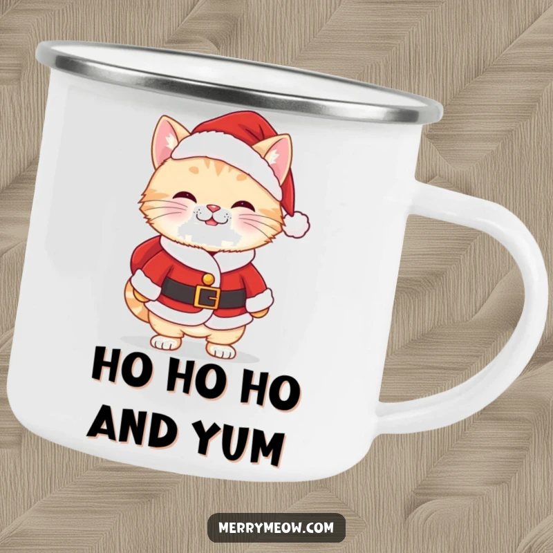Funny Kawaii Santa Cat Camping Mug with a cute cat in a Santa suit and a cheeky grin, for outdoor adventures.