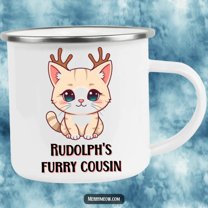 Funny camping mug featuring a cat character wearing tiny, festive reindeer antlers, combining outdoor spirit with holiday humor.