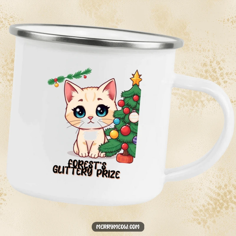 Funny camping mug featuring a cat character with comically huge eyes gazing in amazement at a beautifully lit Christmas tree, perfect for holiday camping.