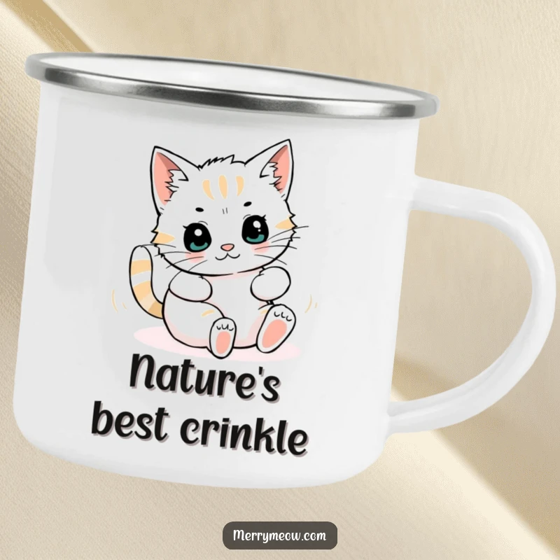 Funny camping mug with a lively illustration of a cat character having a blast rolling around in a heap of colorful wrapping paper.
