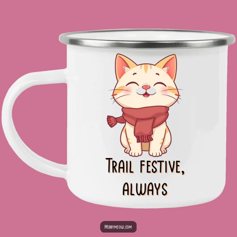 Funny Giggling Cat Festive Scarf Camping Mug, Hilarious Holiday Outdoor Gift