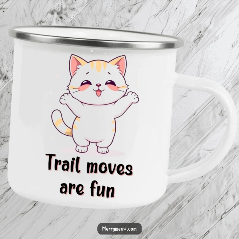 Funny Kawaii Cat Camping Mug showing a cute cat doing a silly dance with snowflakes, perfect for outdoor enjoyment.