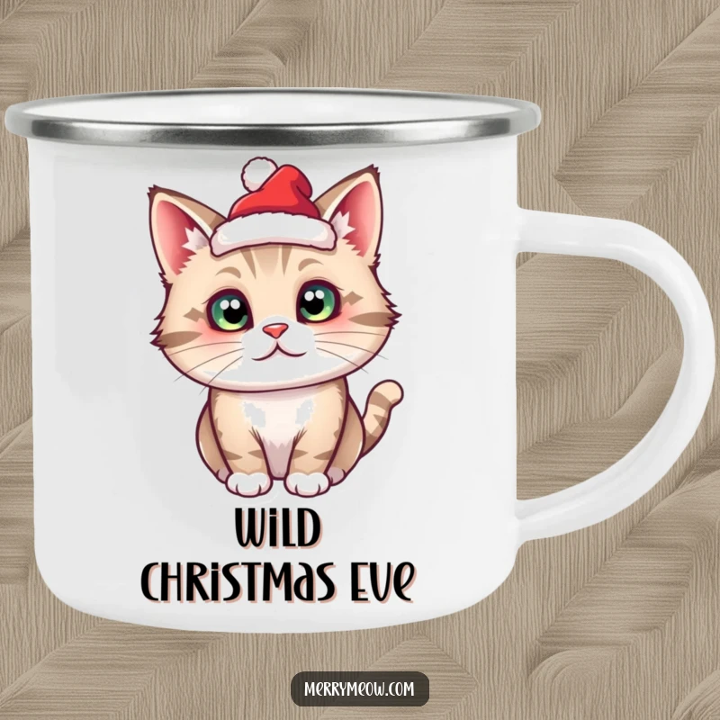Funny cat character with a miniature Santa hat, humorously depicted on a durable camping mug for outdoor use.