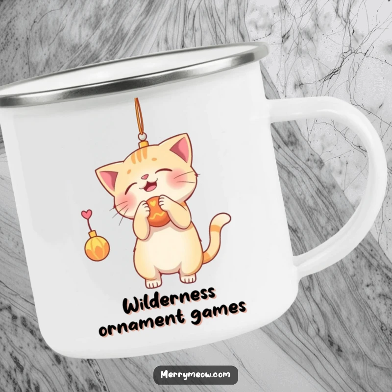 Funny camping mug with a playful cat batting at a shiny Christmas ornament, designed for outdoor holidays and cat lovers.