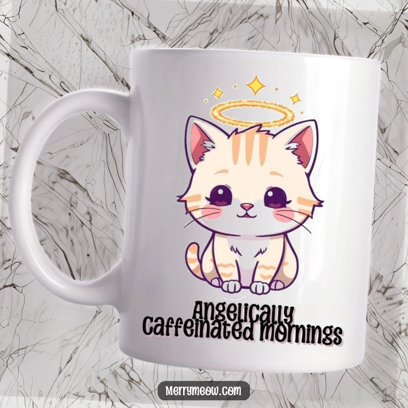 Funny mug depicting a charming cat crowned with a sparkling tinsel halo, exuding a divine and festive feline aura.