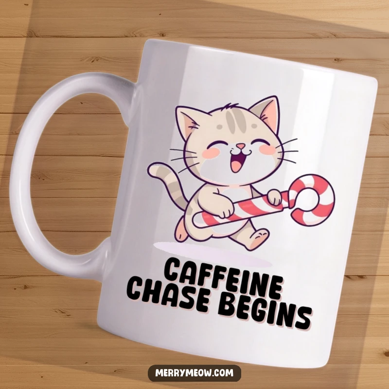 Funny cat character gleefully chasing a red and white rolling candy cane, depicted on a fun and festive mug.