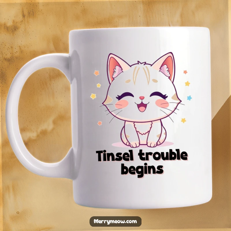 Funny cat character joyfully batting at tinsel with a festive expression on a holiday mug.