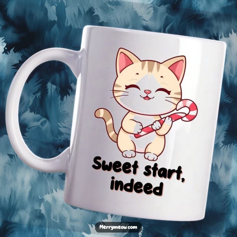 Funny Mug: A cheerful cat holds a small candy cane, embodying holiday sweetness and feline delight.